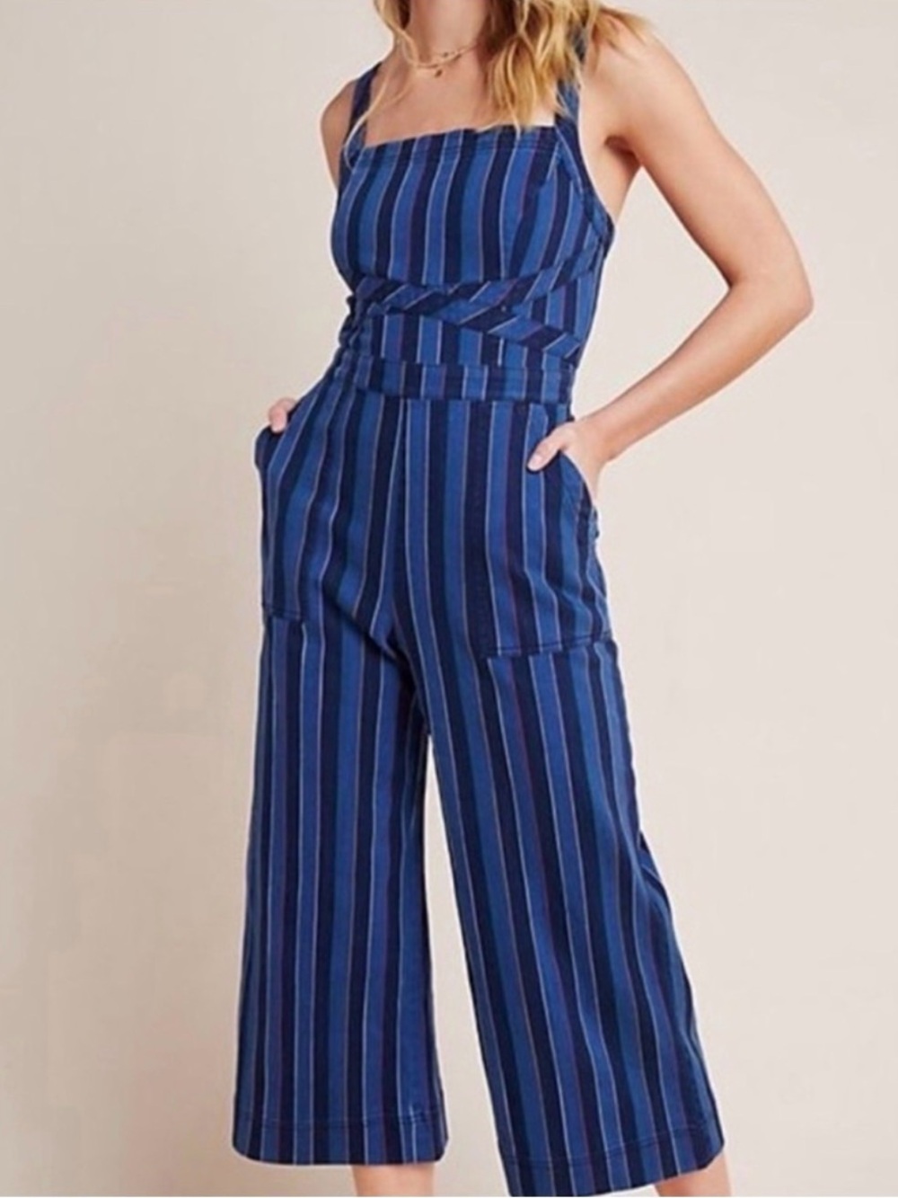 Anthropologie Nicola Denim Striped Wide Leg Jumpsuit Cropped 00P